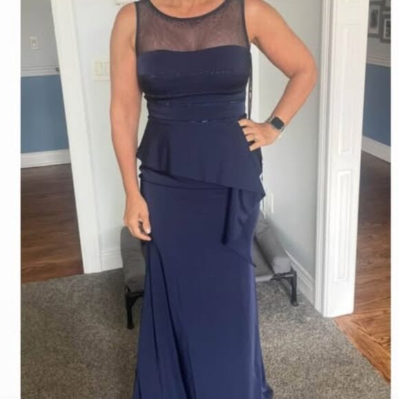 NWT $650 MONTAGE 120903 By Mon Cheri Navy Formal Dress & Crepe Shawl Size 8.